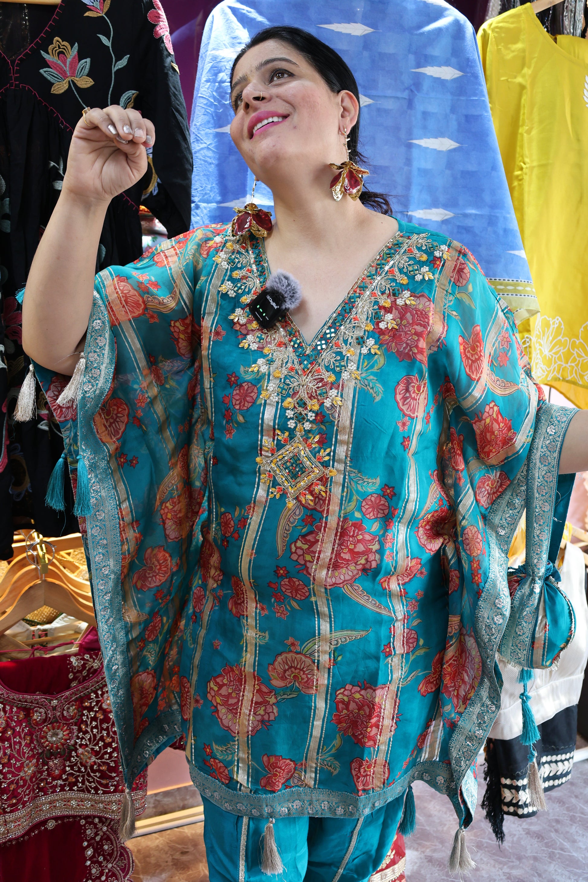 Tissue Organza Embroidered Kaftan with Potli – Kalamkari Print & Dhoti Pants - Har Pal Fashionable