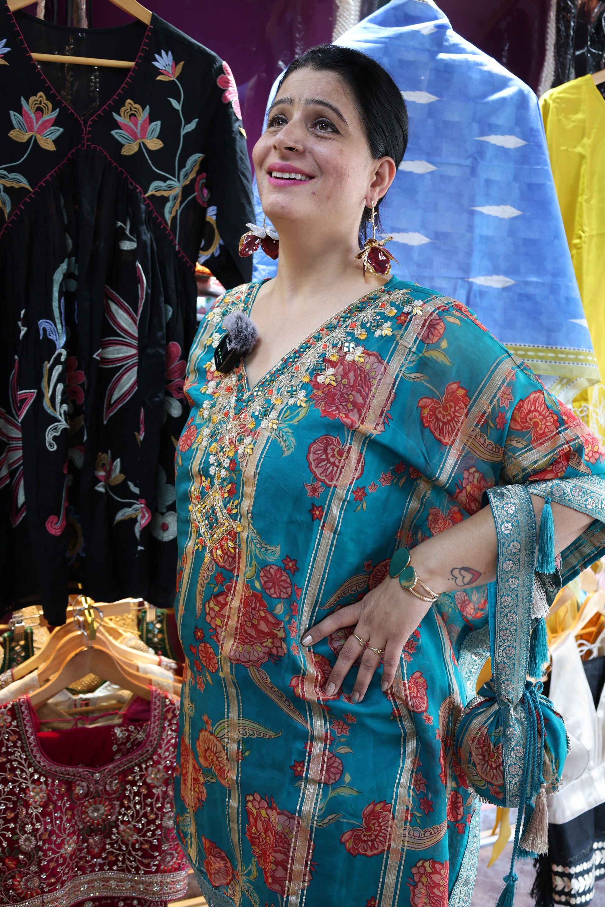 Tissue Organza Embroidered Kaftan with Potli – Kalamkari Print & Dhoti Pants - Har Pal Fashionable