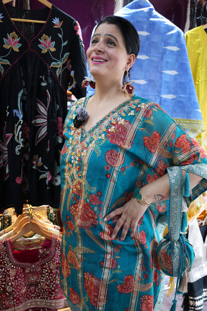 Tissue Organza Embroidered Kaftan with Potli – Kalamkari Print & Dhoti Pants - Har Pal Fashionable