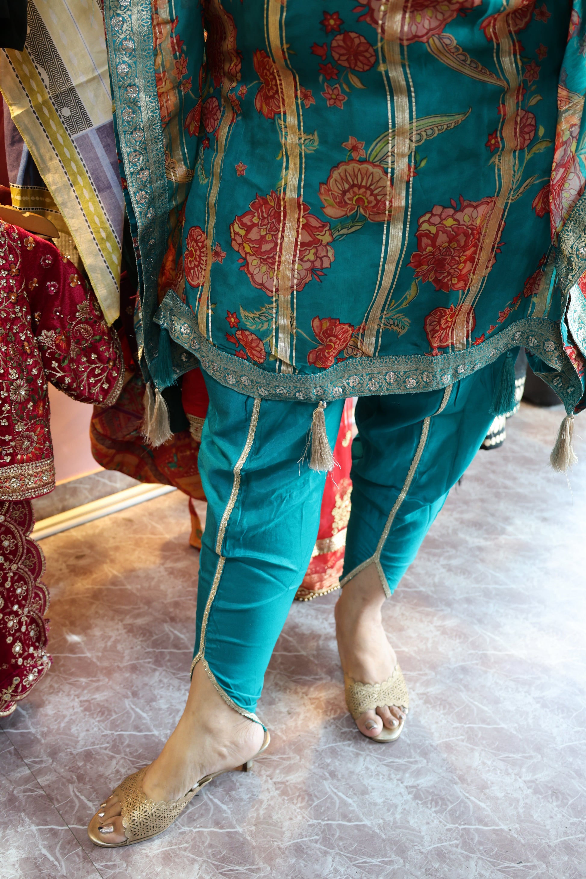 Tissue Organza Embroidered Kaftan with Potli – Kalamkari Print & Dhoti Pants - Har Pal Fashionable