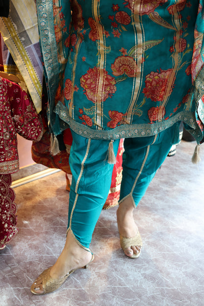 Tissue Organza Embroidered Kaftan with Potli – Kalamkari Print & Dhoti Pants - Har Pal Fashionable
