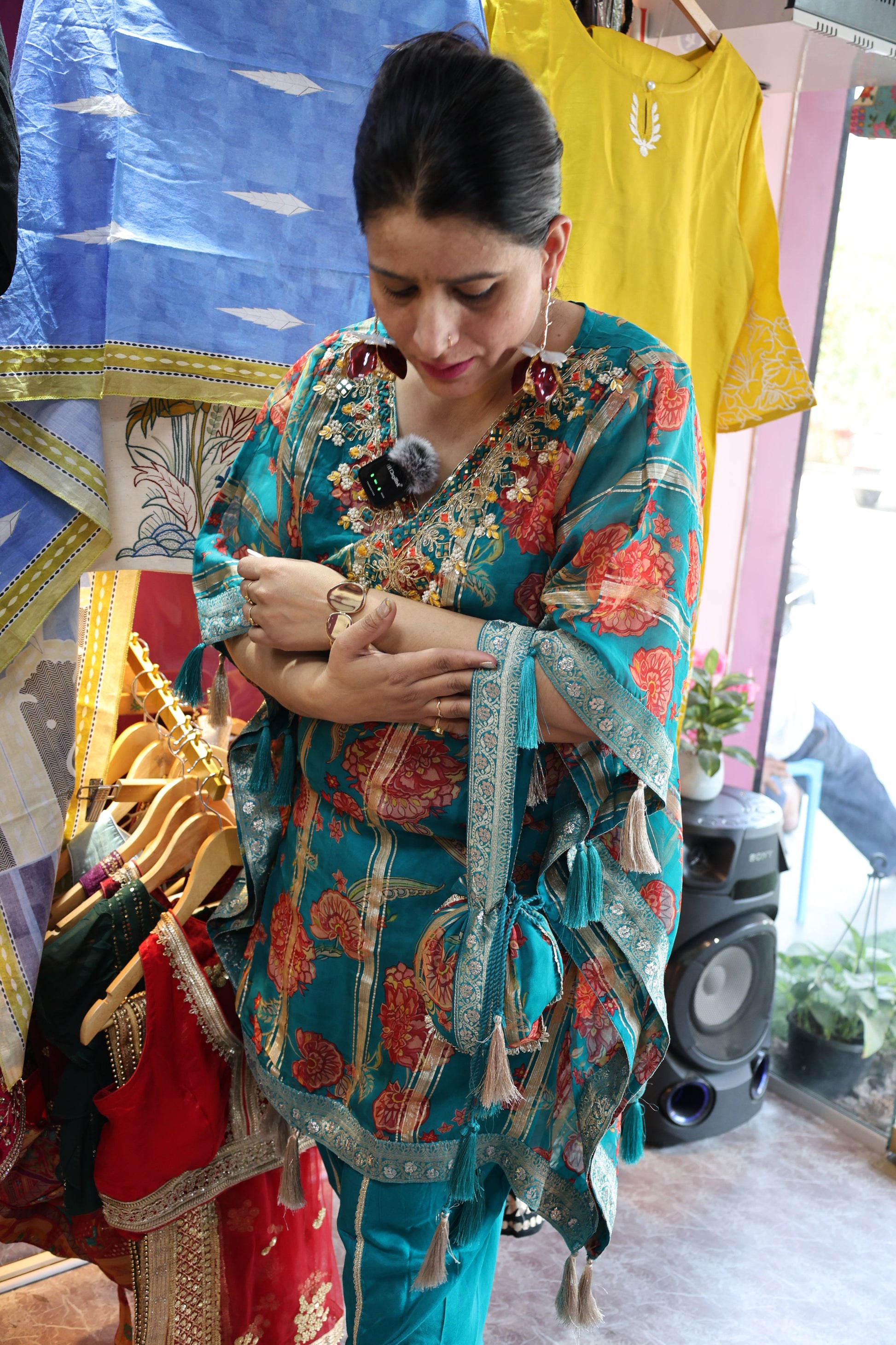 Tissue Organza Embroidered Kaftan with Potli – Kalamkari Print & Dhoti Pants - Har Pal Fashionable