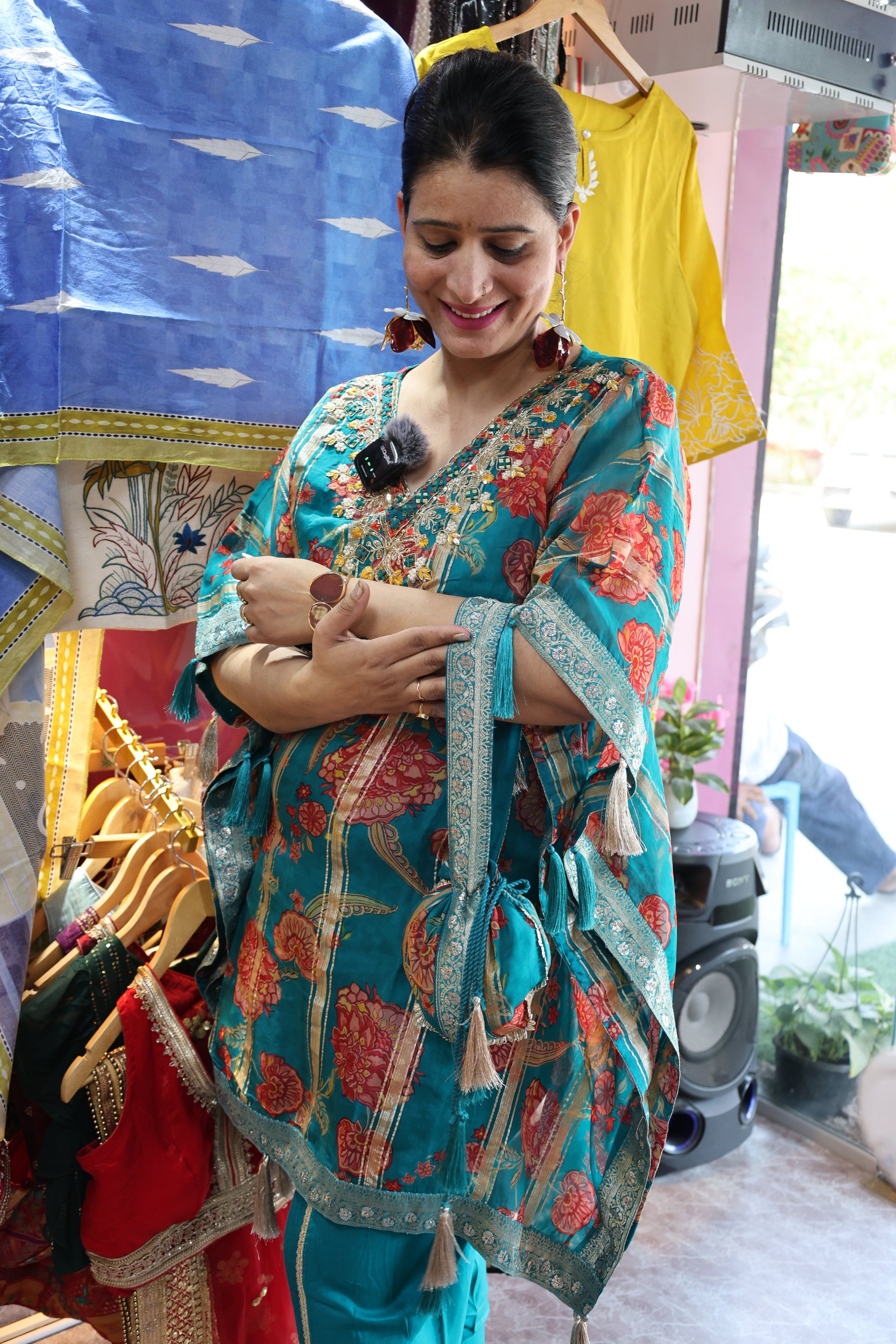 Tissue Organza Embroidered Kaftan with Potli – Kalamkari Print & Dhoti Pants - Har Pal Fashionable
