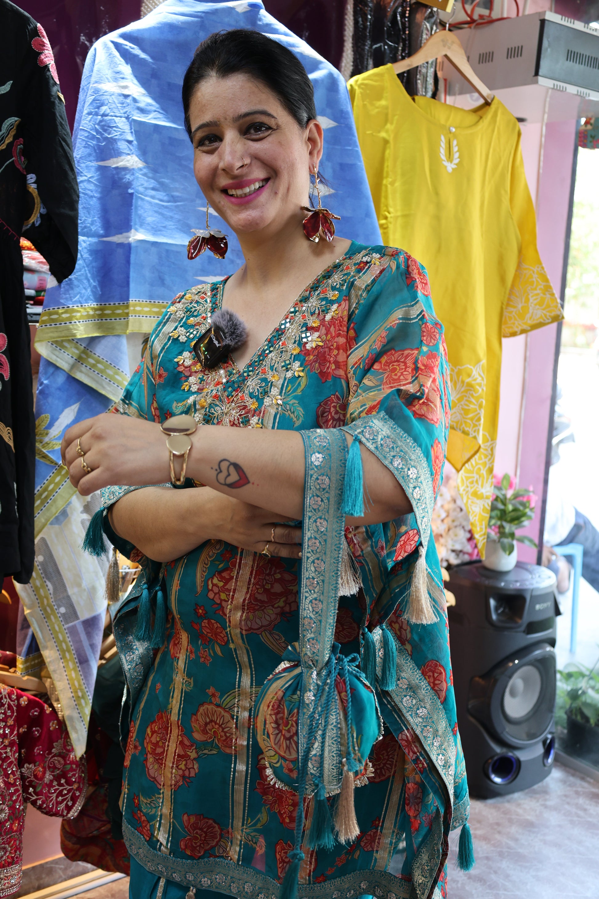 Tissue Organza Embroidered Kaftan with Potli – Kalamkari Print & Dhoti Pants - Har Pal Fashionable