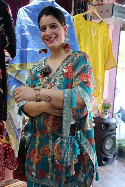Tissue Organza Embroidered Kaftan with Potli – Kalamkari Print & Dhoti Pants - Har Pal Fashionable