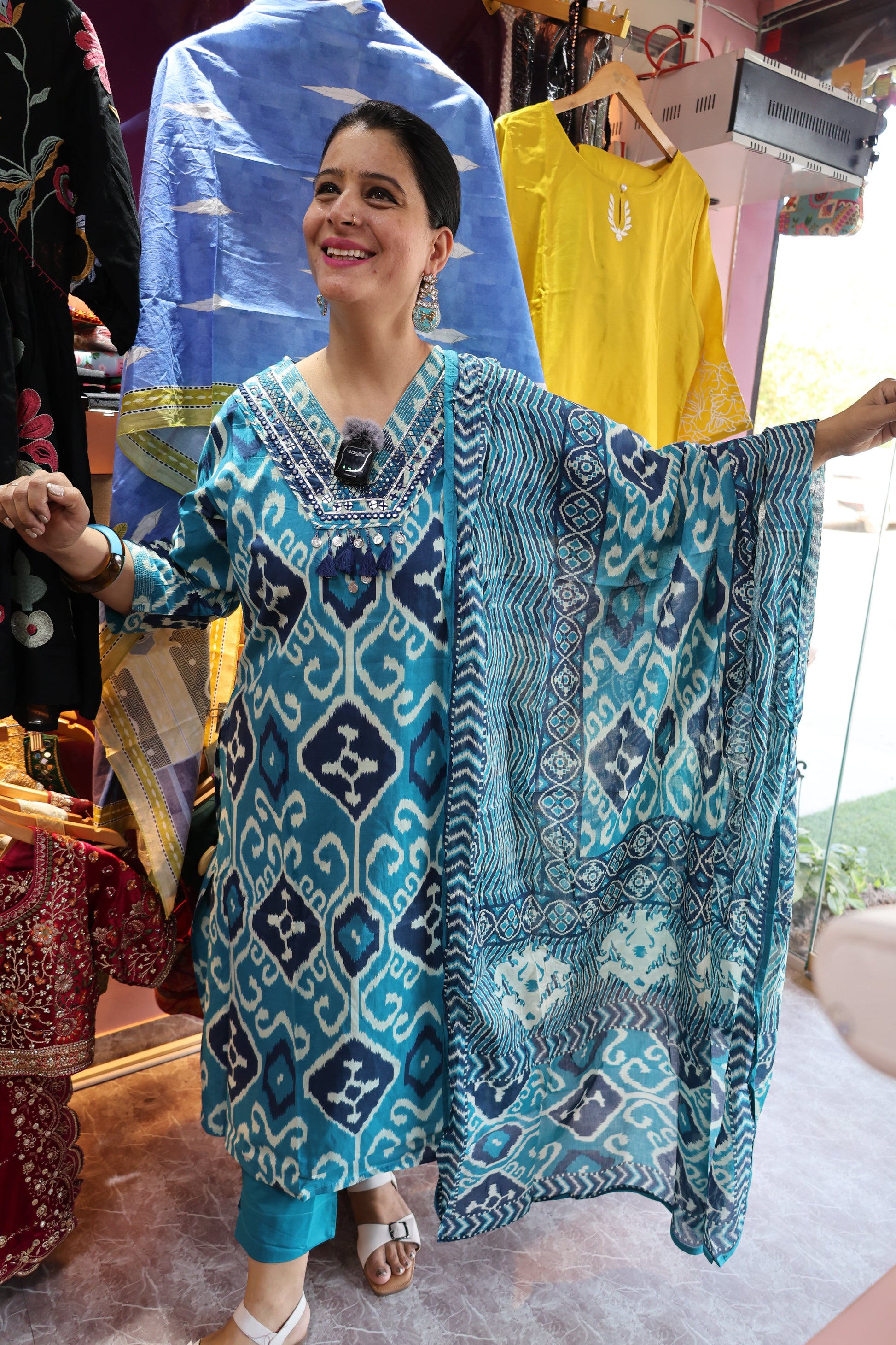 Pure Cotton Ikat Suit | Straight Cut | V-Neck Embroidery & Tassels - Har Pal Fashionable