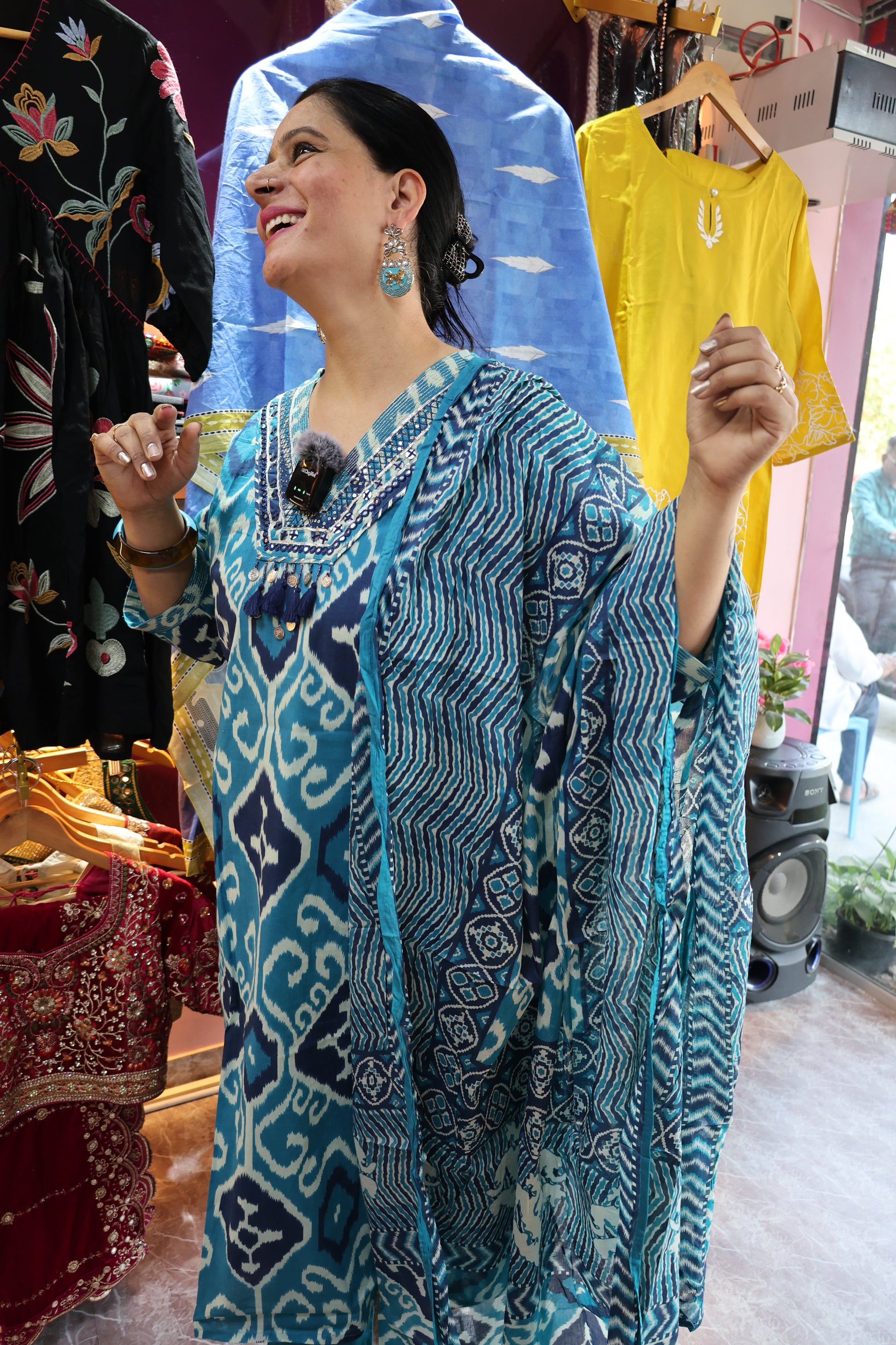 Pure Cotton Ikat Suit | Straight Cut | V-Neck Embroidery & Tassels - Har Pal Fashionable