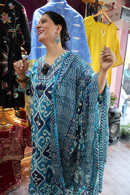 Pure Cotton Ikat Suit | Straight Cut | V-Neck Embroidery & Tassels - Har Pal Fashionable