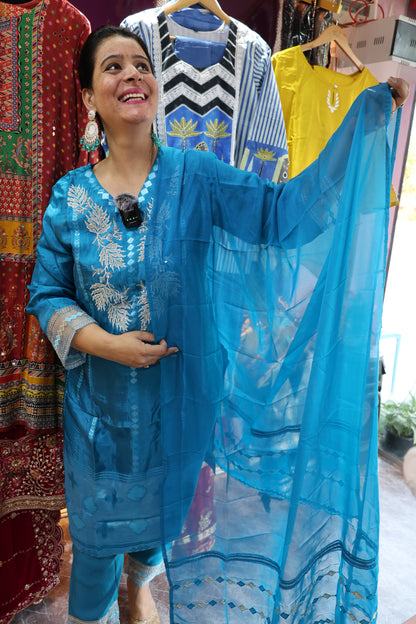 Premium Dola Silk Suit Set | Organza Tissue Work & Embroidery | Tassel Dupatta