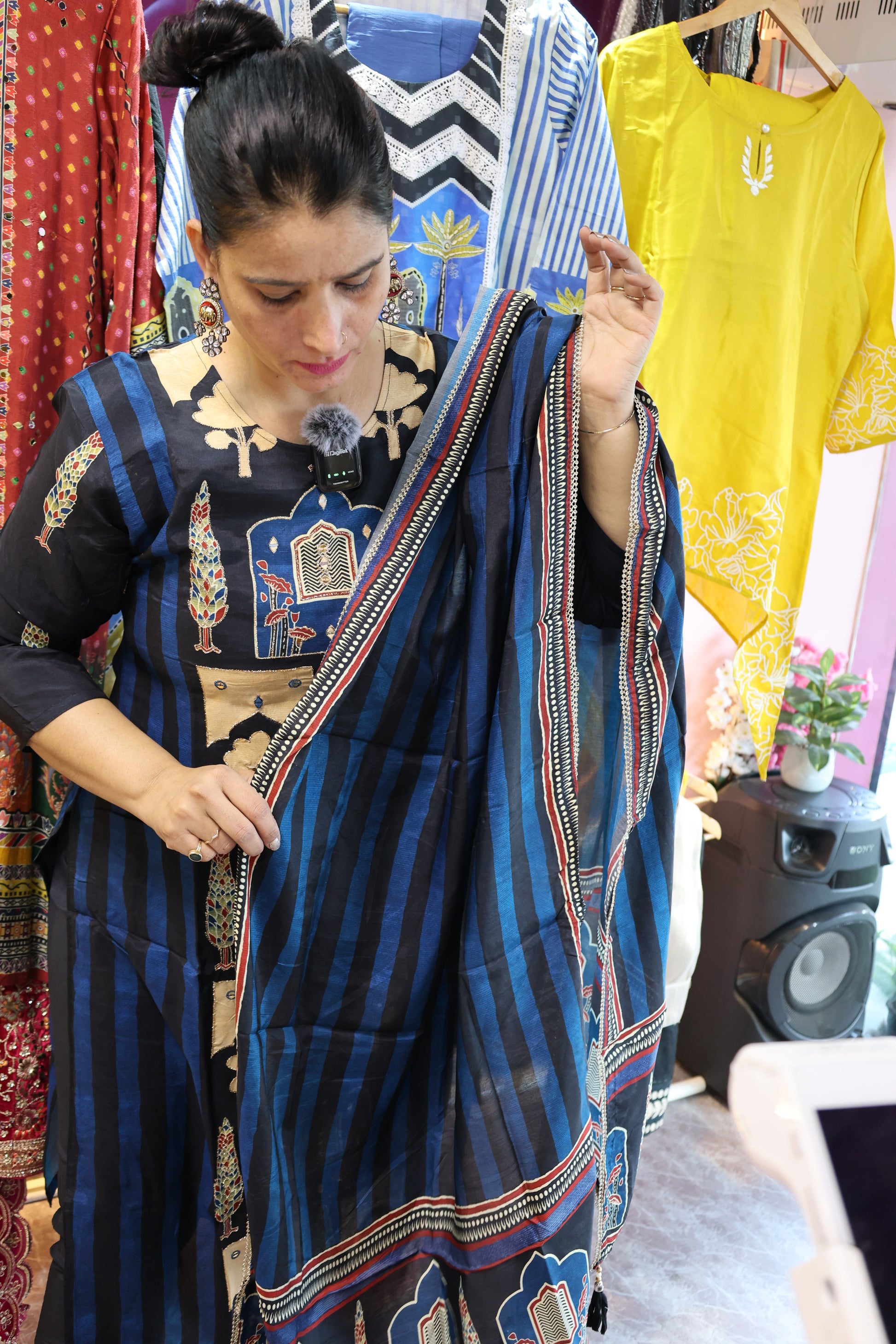 Premium Maheshwari Silk Suit | Digital Braj Bhumi Print & Glitter Work | Straight Cut Elegance - Har Pal Fashionable