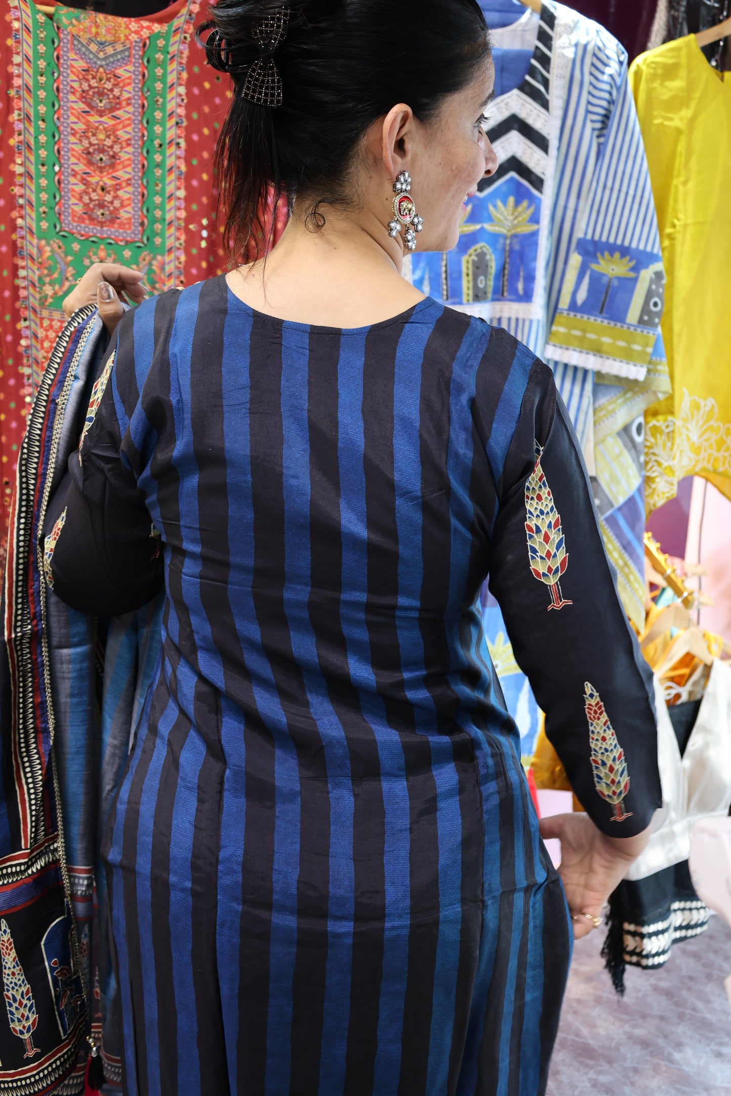 Premium Maheshwari Silk Suit | Digital Braj Bhumi Print & Glitter Work | Straight Cut Elegance - Har Pal Fashionable