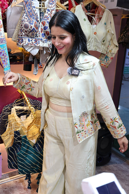 Pure Shimmery Silk Full Sleeves Blouse with Sabyasachi Hand Work Embroidery + Sleeveless Blazer along with Sharara