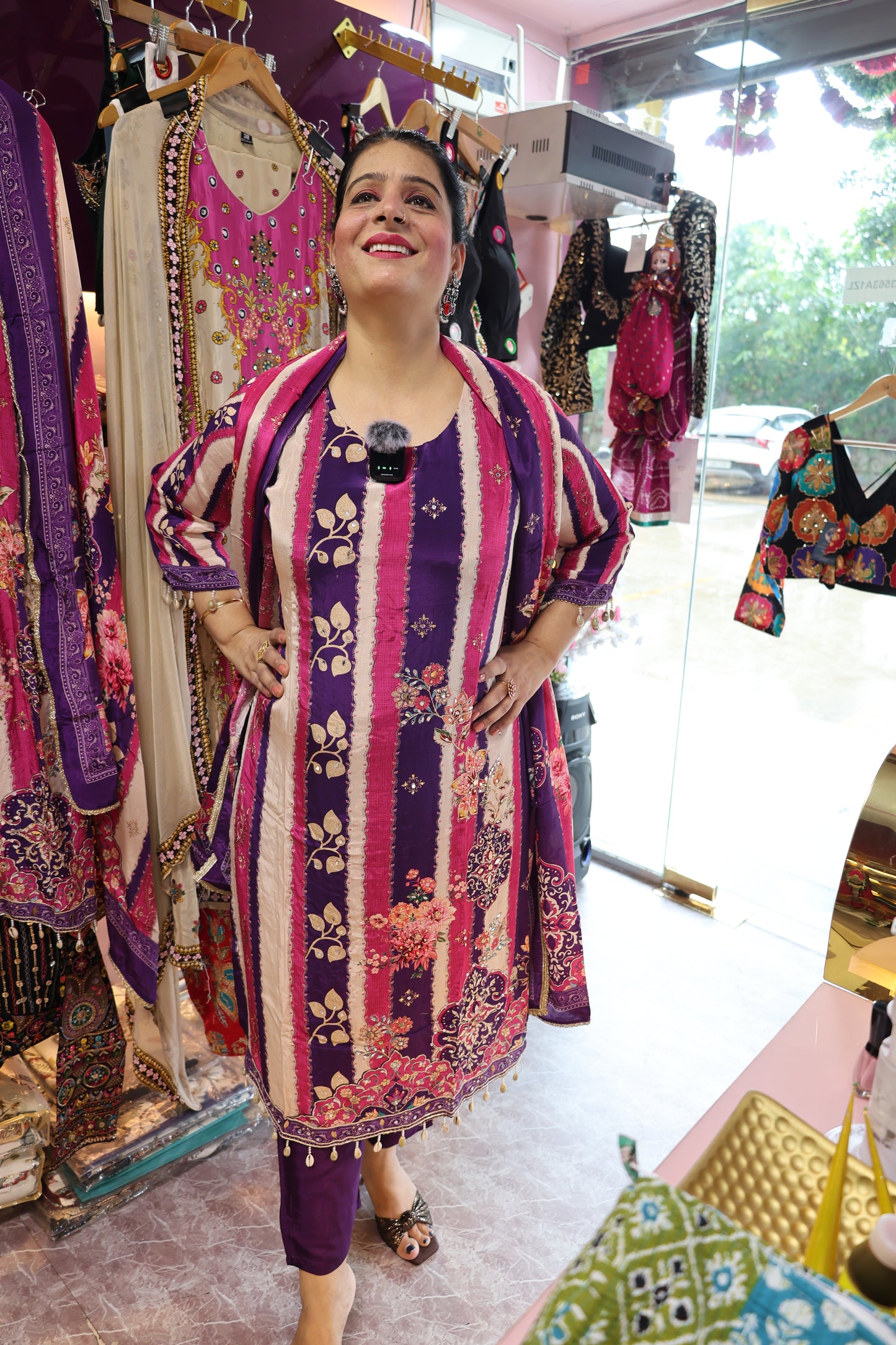 Premium Crepe Fabric, Digital Print Style with Real Mirror & Kodi Design Embellishment