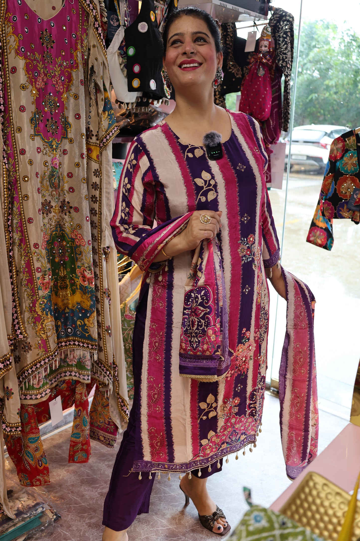 Premium Crepe Fabric, Digital Print Style with Real Mirror & Kodi Design Embellishment