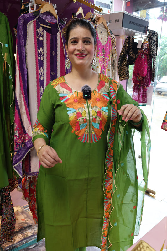 Premium Butter Muslin Soft Fabric, Fully Thread Work Embellished along with Plazzo and Two Sides Pockets