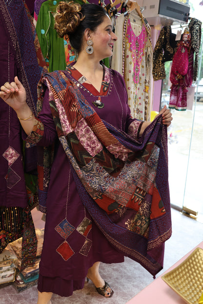 Flex Cotton Trendy Suit. Embellished with Tassels, Appliqué & Katha Thread Work