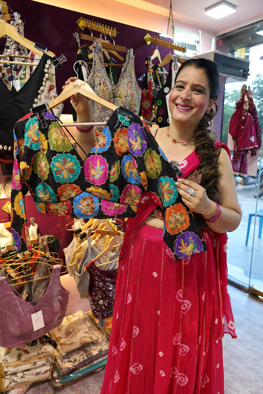 Crepe Fabric Embellished with Dora Work Multicolor Color