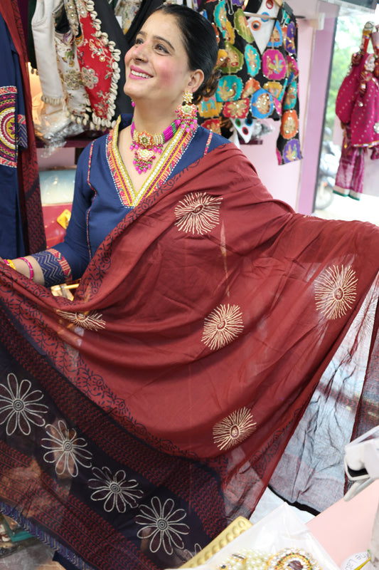 Pure Cotton Block Print Appliqué and Patch Work Detailing Suit Set along with Both Side Pockets and Plaza Set - Blue Color