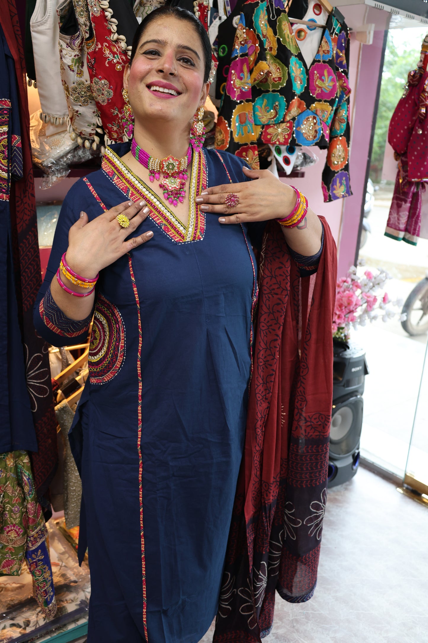 Pure Cotton Block Print Appliqué and Patch Work Detailing Suit Set along with Both Side Pockets and Plaza Set - Blue Color