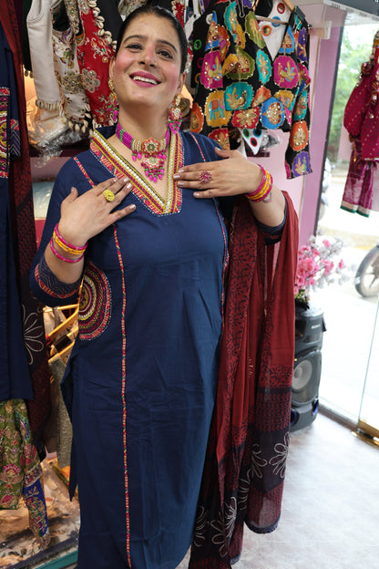 Pure Cotton Block Print Appliqué and Patch Work Detailing Suit Set along with Both Side Pockets and Plaza Set - Blue Color