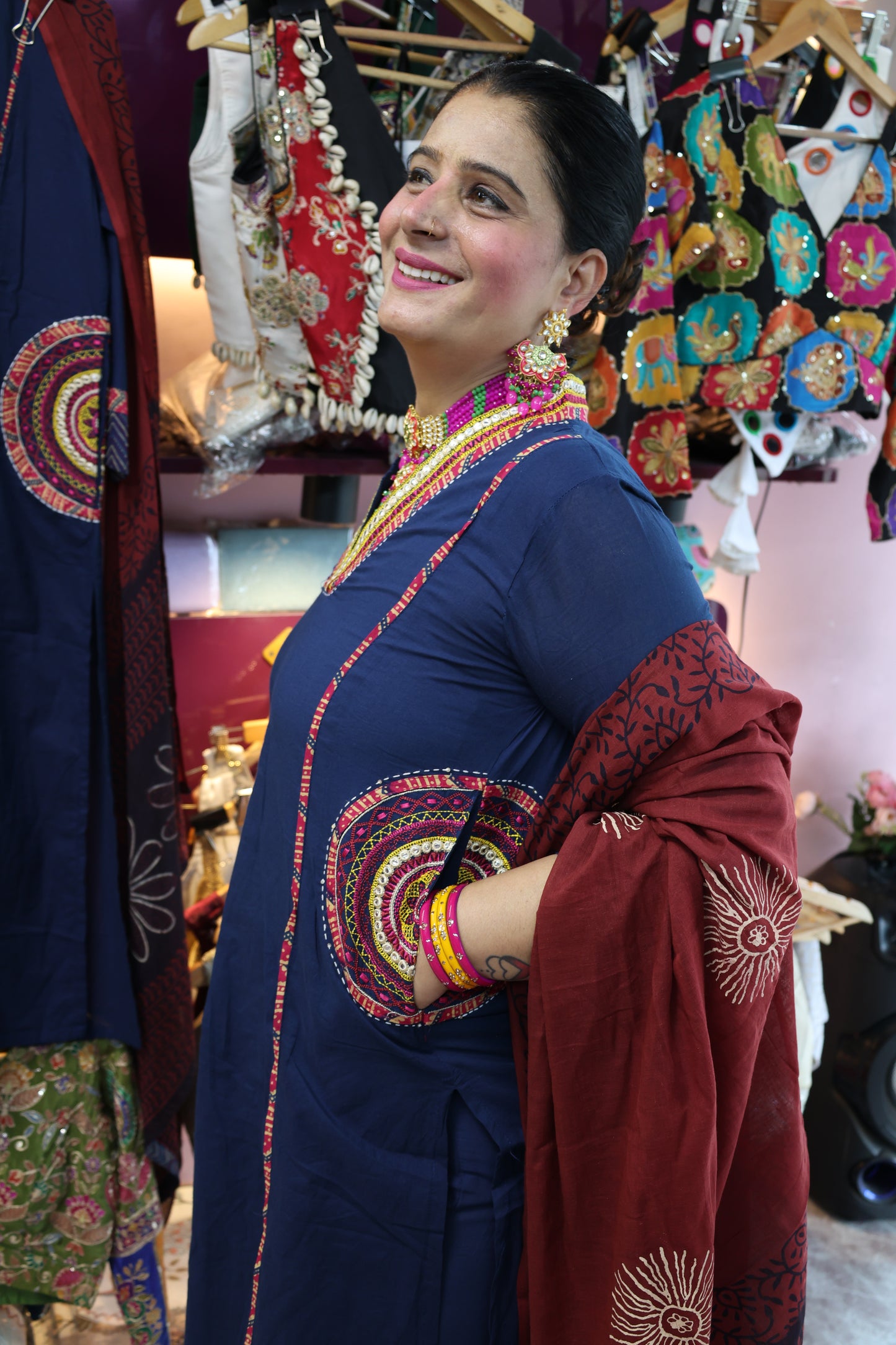 Pure Cotton Block Print Appliqué and Patch Work Detailing Suit Set along with Both Side Pockets and Plaza Set - Blue Color