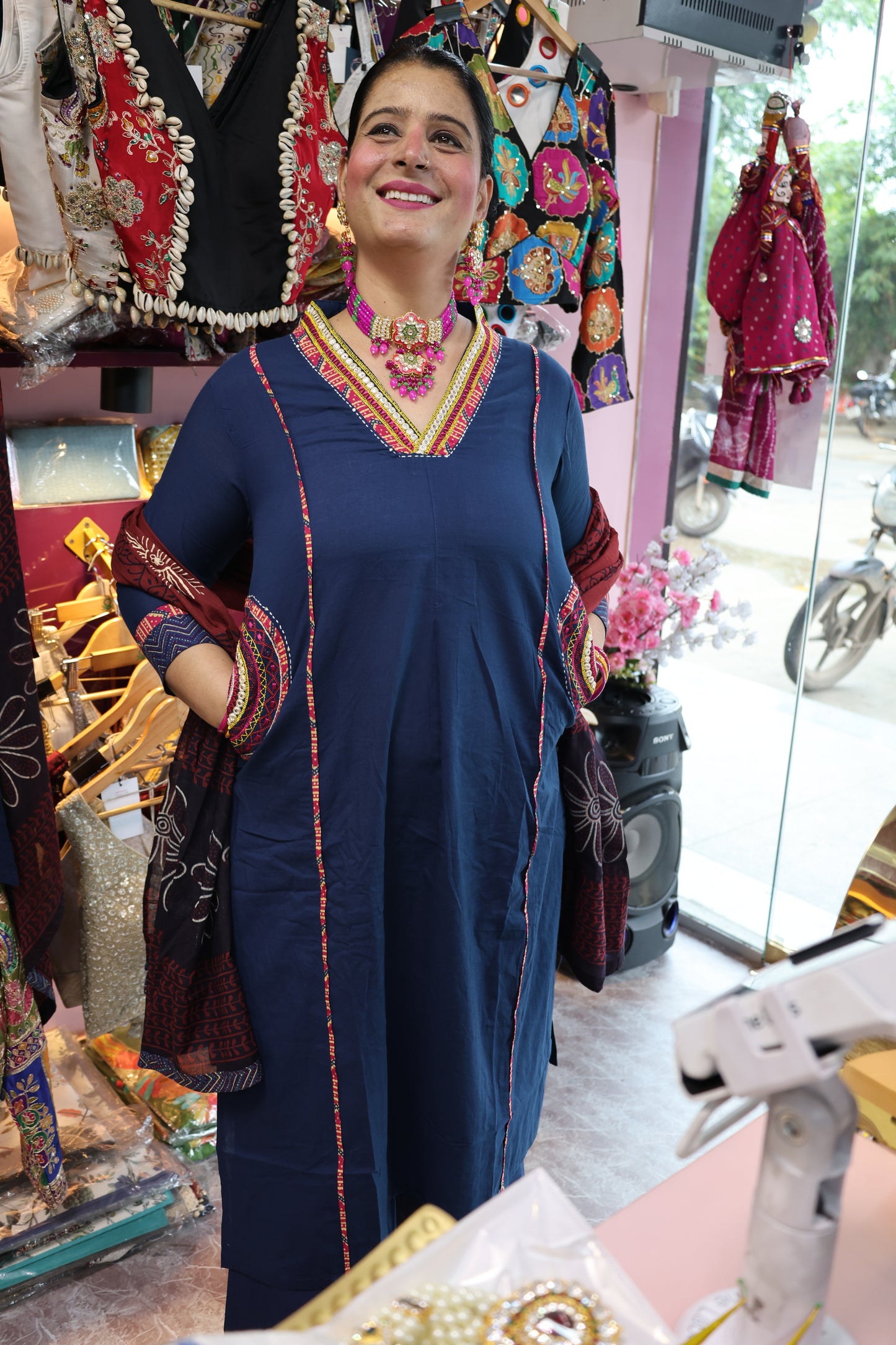 Pure Cotton Block Print Appliqué and Patch Work Detailing Suit Set along with Both Side Pockets and Plaza Set - Blue Color