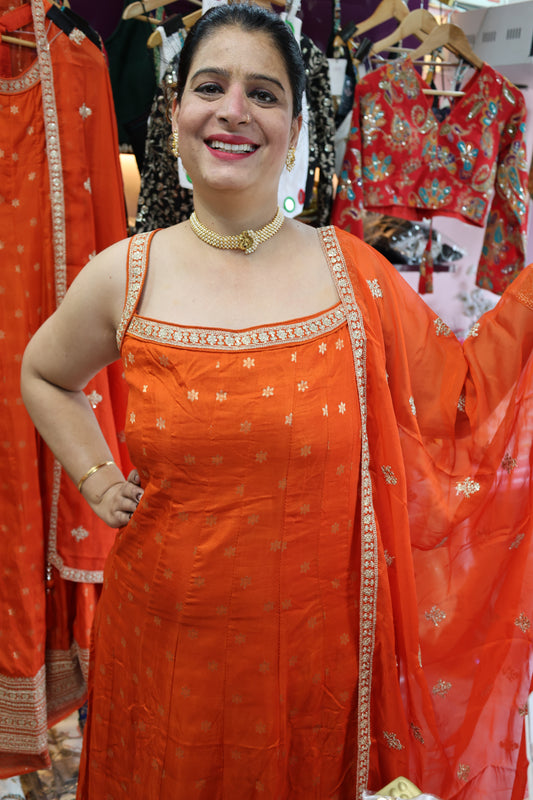 Premium Banarasi Silk Fabric Suit with Glass Tissue Dupatta. Gota Patti Embroidery Hand Work Design