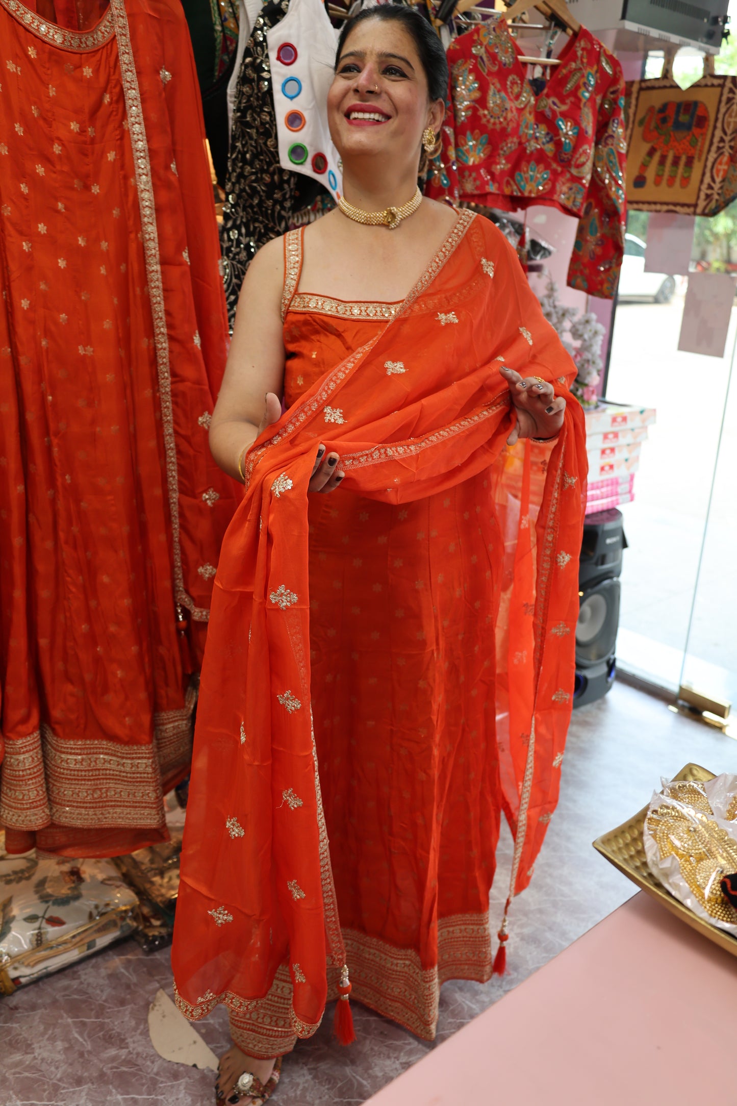 Premium Banarasi Silk Fabric Suit with Glass Tissue Dupatta. Gota Patti Embroidery Hand Work Design
