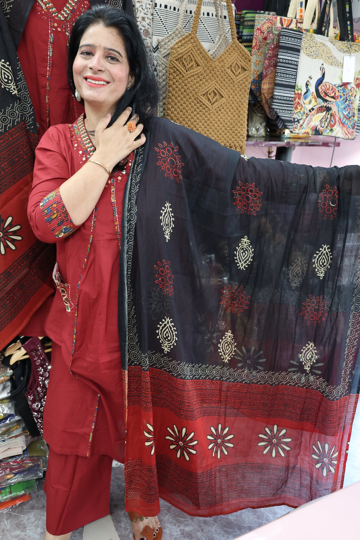 Trendy Premium Cotton Appliqué and Patch Work Detailing Suit Set along with Jaipuri Block Print Dupatta with real mirror