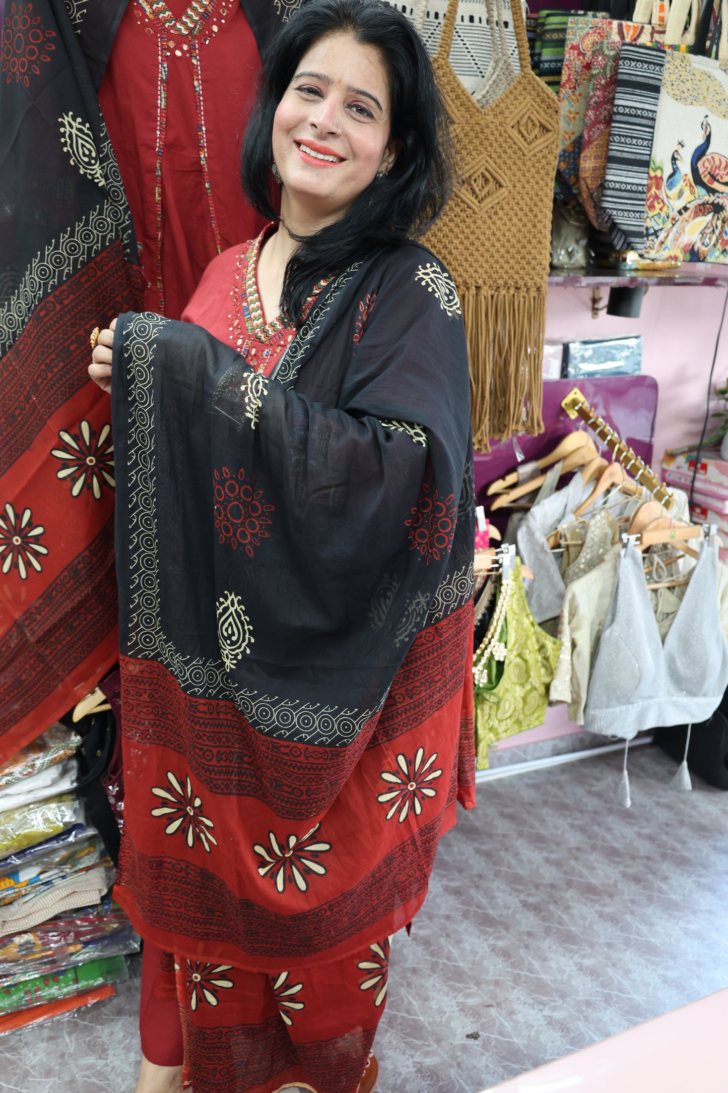 Trendy Premium Cotton Appliqué and Patch Work Detailing Suit Set along with Jaipuri Block Print Dupatta with real mirror