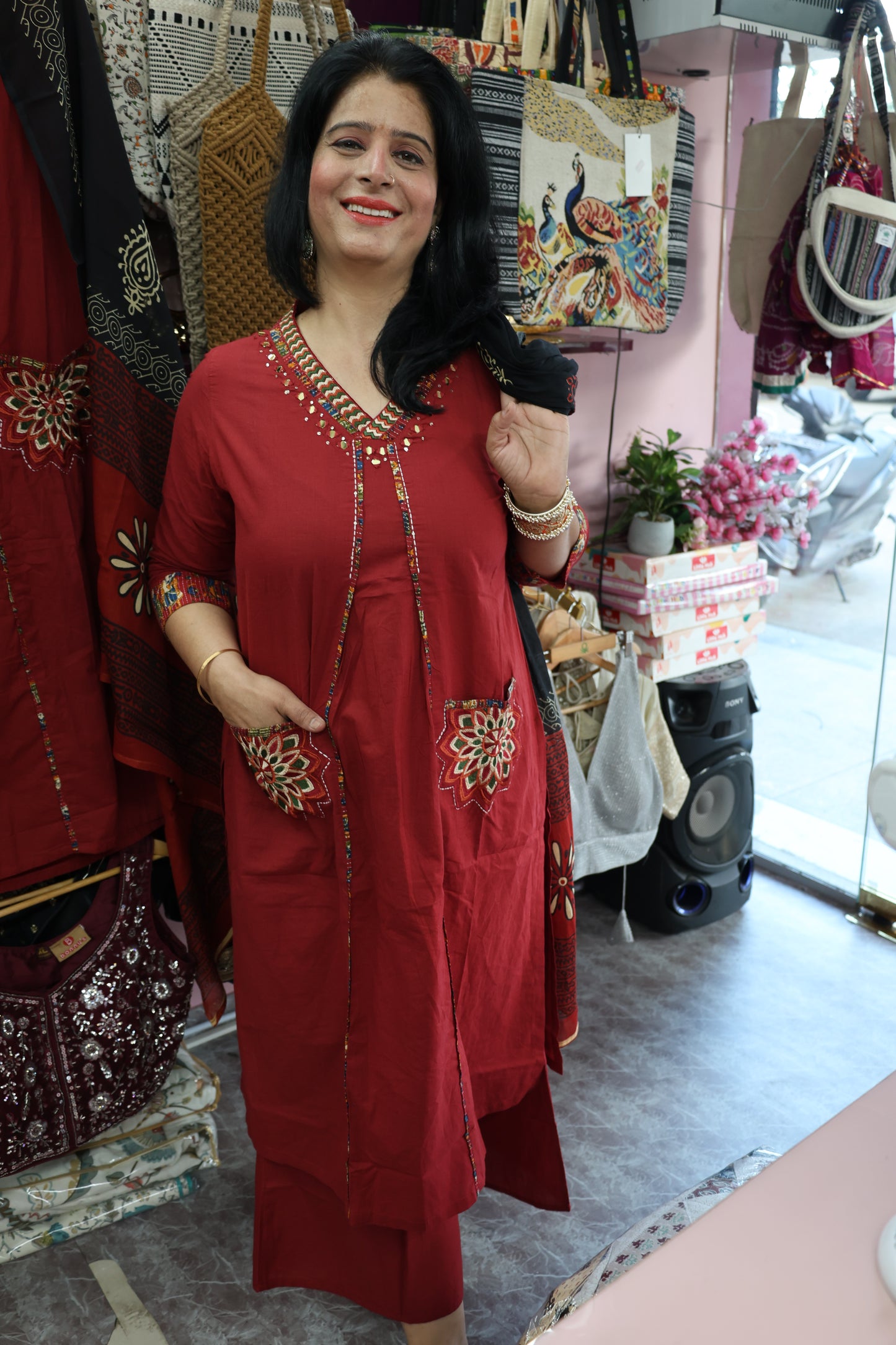 Trendy Premium Cotton Appliqué and Patch Work Detailing Suit Set along with Jaipuri Block Print Dupatta with real mirror