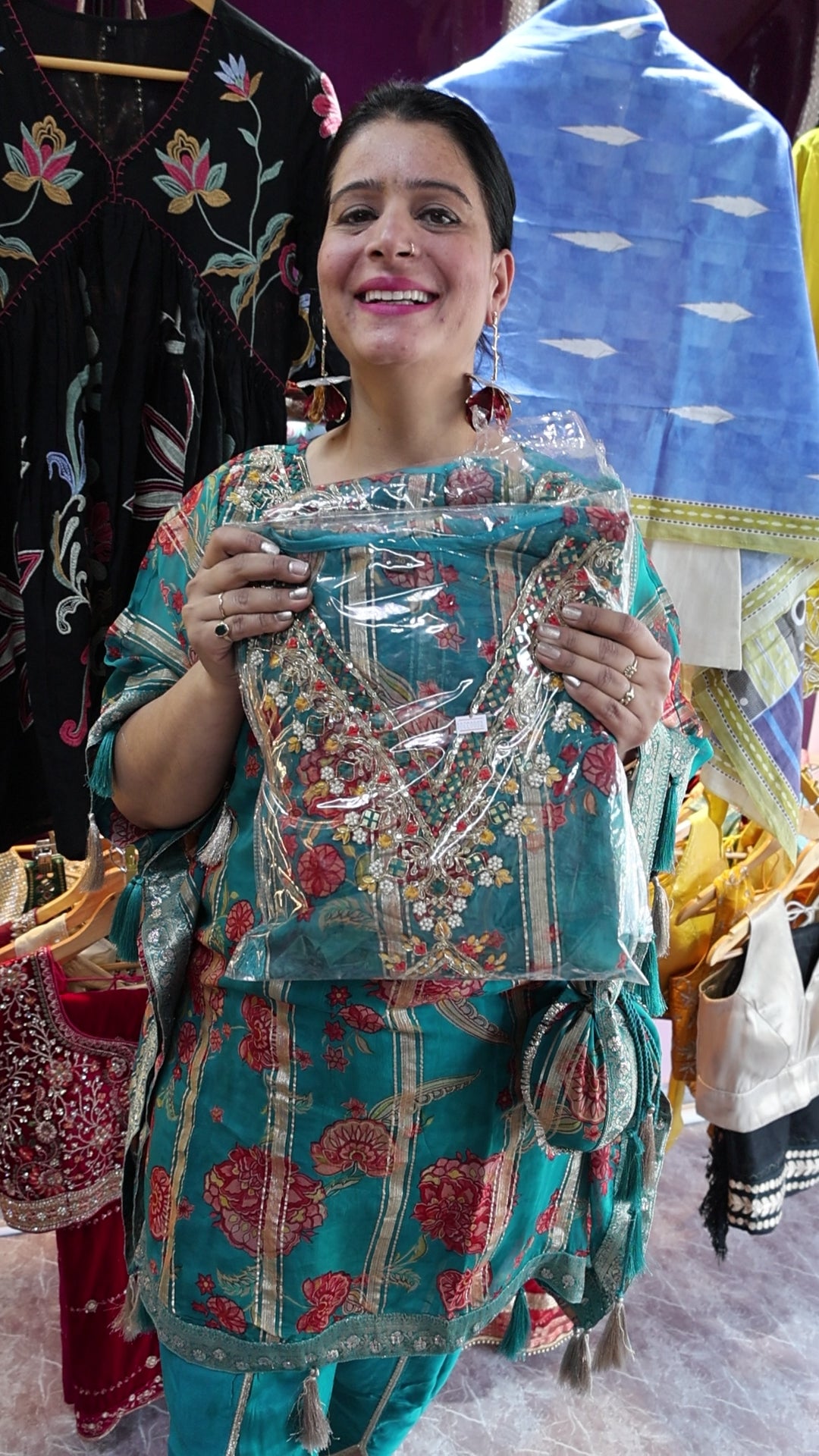 Tissue Organza Embroidered Kaftan with Potli – Kalamkari Print & Dhoti Pants - Har Pal Fashionable