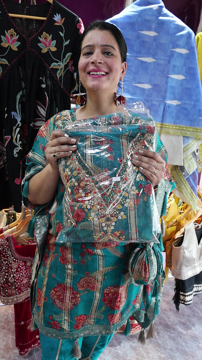 Tissue Organza Embroidered Kaftan with Potli – Kalamkari Print & Dhoti Pants - Har Pal Fashionable