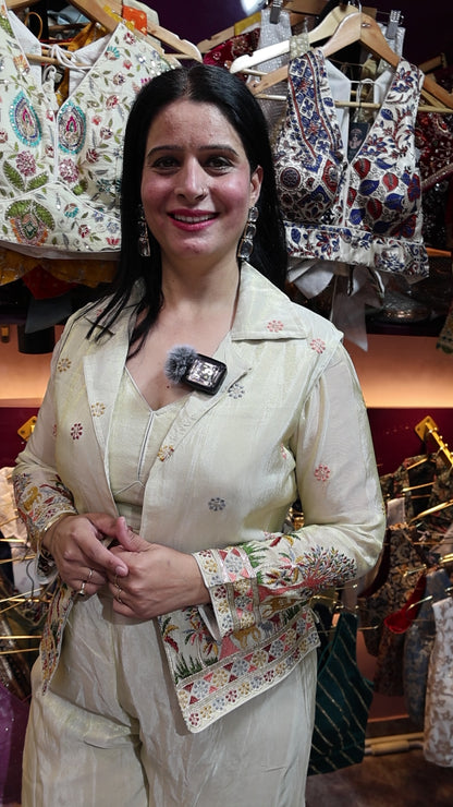 Pure Shimmery Silk Full Sleeves Blouse with Sabyasachi Hand Work Embroidery + Sleeveless Blazer along with Sharara