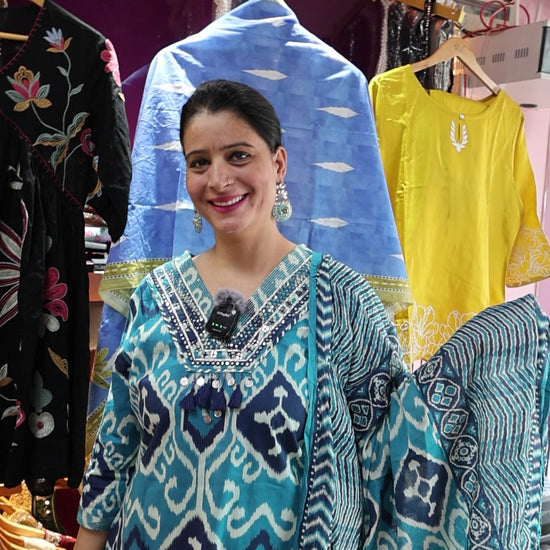 Pure Cotton Ikat Suit | Straight Cut | V-Neck Embroidery & Tassels - Har Pal Fashionable