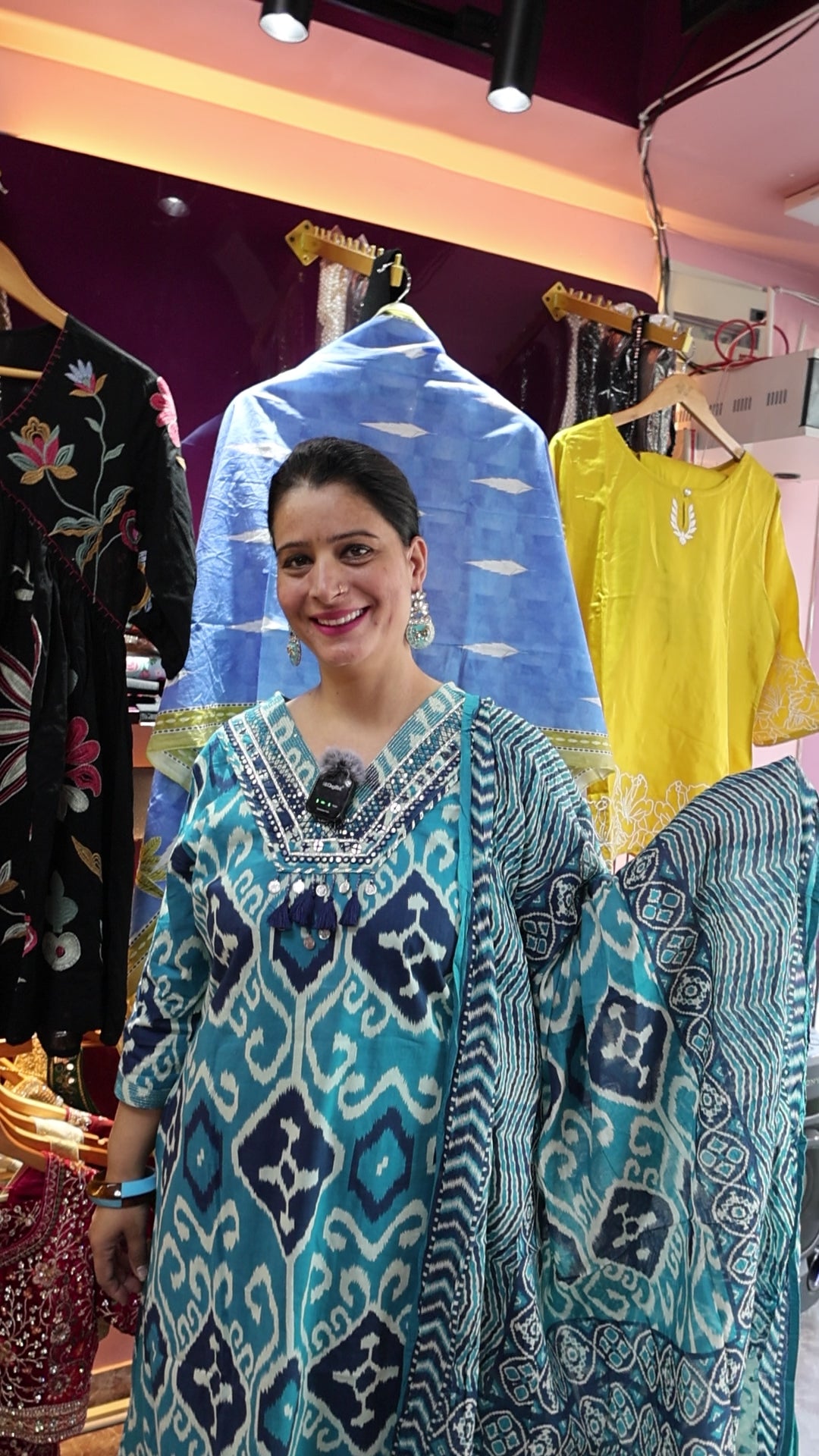 Pure Cotton Ikat Suit | Straight Cut | V-Neck Embroidery & Tassels - Har Pal Fashionable
