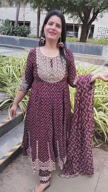 Maroon Premium Rayon Silk Anarkali Suit – Lehriya Print & Gota-Patti Handwork - Har Pal Fashionable