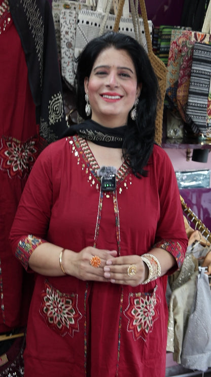 Trendy Premium Cotton Appliqué and Patch Work Detailing Suit Set along with Jaipuri Block Print Dupatta with real mirror