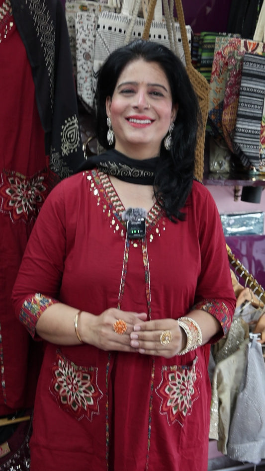 Trendy Premium Cotton Appliqué and Patch Work Detailing Suit Set along with Jaipuri Block Print Dupatta with real mirror