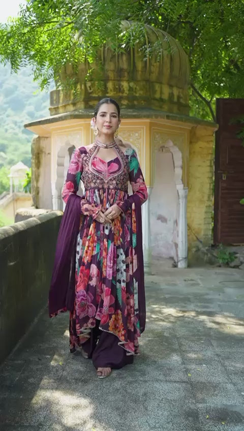Chinon Indo-Western Suit – Kalamkari Print with Silk Sharara Pants - Har Pal Fashionable