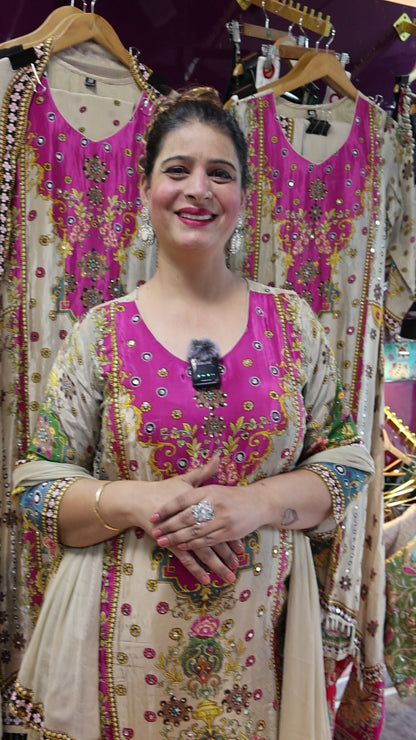 Premium Crape Fabric, Digital Print Style with Real Mirror & Tassels Handwork. Stylising C-Cut Trendy Pattern