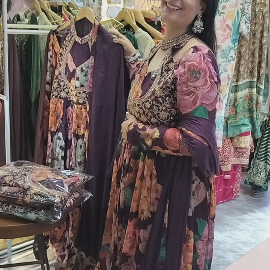 Chinon Indo-Western Suit – Kalamkari Print with Silk Sharara Pants - Har Pal Fashionable