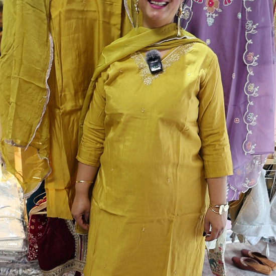 Pure Mul Chanderi Fabric Suit Set with Zardosi and Moti Work. Designer Suit on a Rust Golden Color