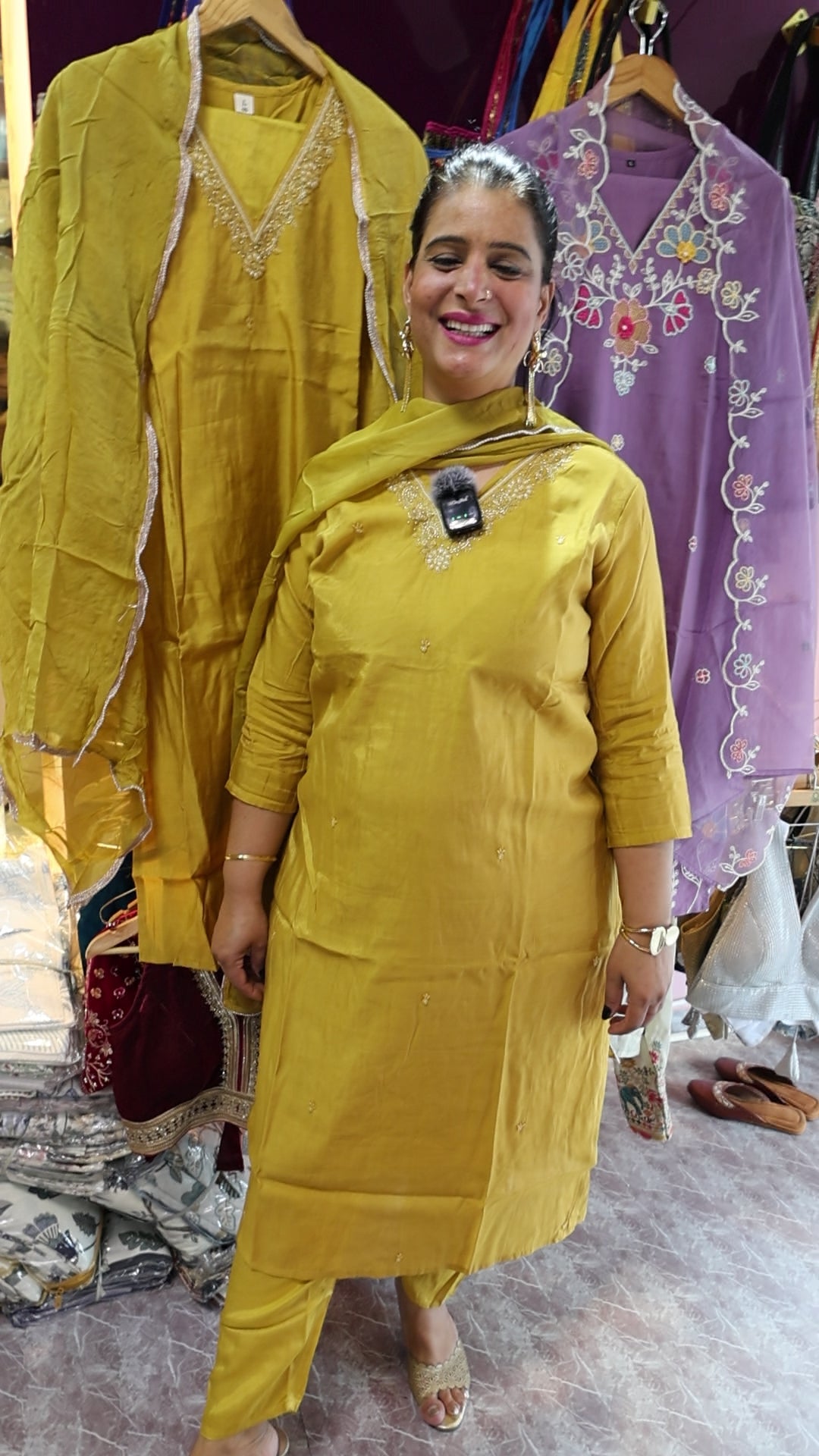 Pure Mul Chanderi Fabric Suit Set with Zardosi and Moti Work. Designer Suit on a Rust Golden Color