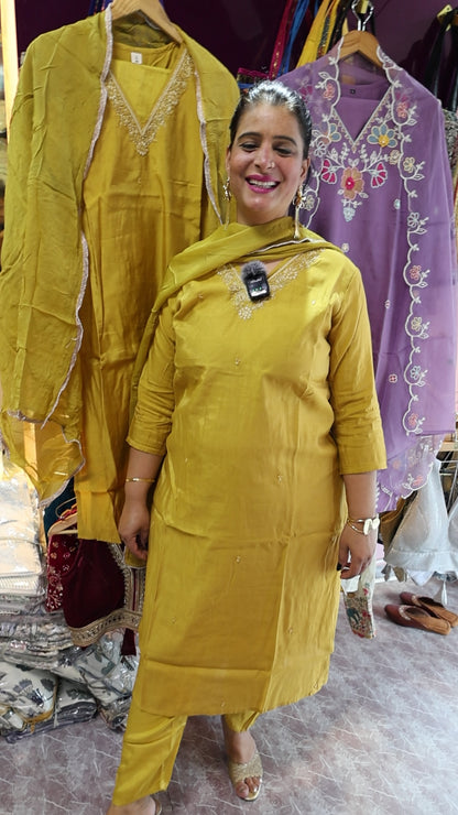 Pure Mul Chanderi Fabric Suit Set with Zardosi and Moti Work. Designer Suit on a Rust Golden Color