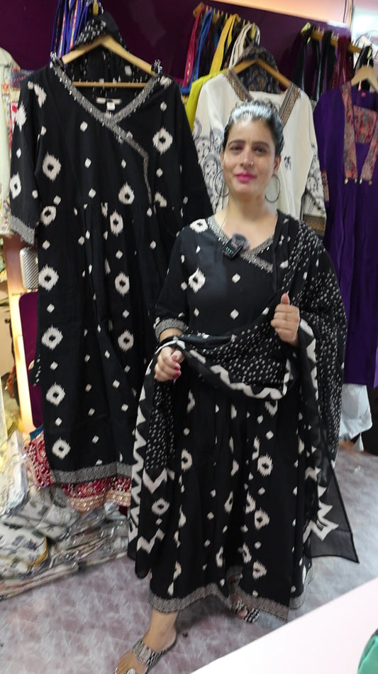 Pure MulMul Cotton Angrakha Suit with Ikat Print with One Side Pocket | HarPalFashionable