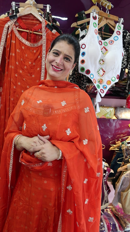 Premium Banarasi Silk Fabric Suit with Glass Tissue Dupatta. Gota Patti Embroidery Hand Work Design